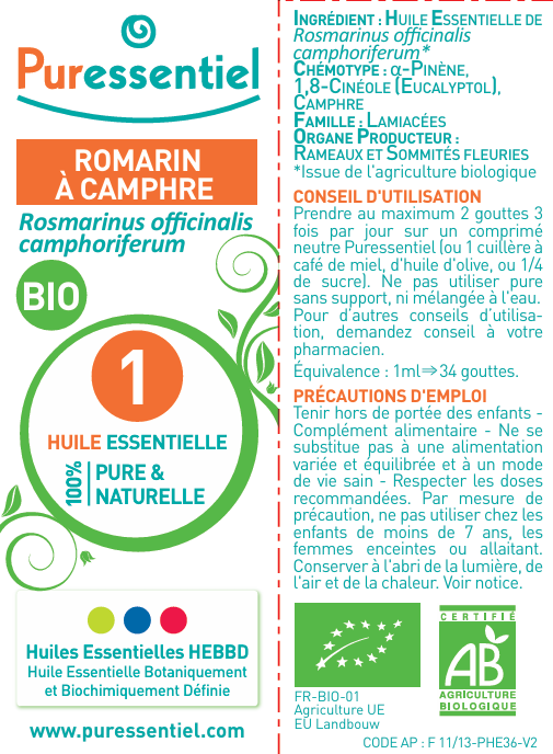 Puressentiel Huile Essentielle Romarin à Camphre BIO