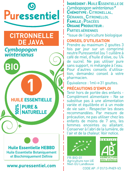 Puressentiel huile essentielle Citronnelle de Java BIO 10 ml