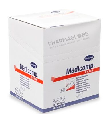 MEDICOMP-DRAIN-7,5-par-7,5-CM-boite-de-25-fois-2-compresses-stériles-non-tissees-fendues-pharmaglobe.lu