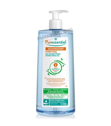 PURESSENTIEL-ASSAINISSANT-GEL-ANTIBACTERIEN-1-L-mains-pharmaglobe.lu