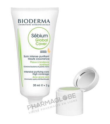 BIODERMA-SEBIUM-GLOBAL-COVER-30-ML-soin-intense-purifoant-haute-couvrance-peaux-a-tendance-acneique-eliminer-boutons-points-noirs-tube-ouvert-pharmaglobe.lu