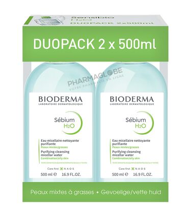 BIODERMA-SEBIUM-H20-SOLUTION-MICELLAIRE-LOT-2-flacons-500-ML-demaquiller-nettoyer-purifier-peaux-mixtes-grasses-promo-pharmaglobe.lu