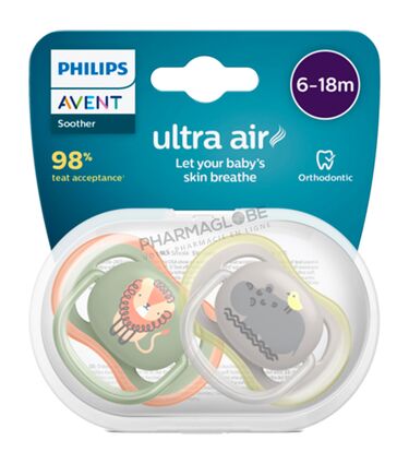 Philips-Avent-Sucette-Ultra-Air-Bébé-6-a-18-Mois-Lion-boite-pharmaglobe.lu