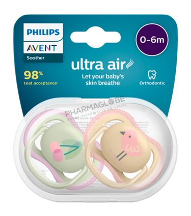 Philips-Avent-Sucette-Ultra-Air-Bébé-plus-0-Mois-Cerise-Moineau-boite-pharmaglobe,lu