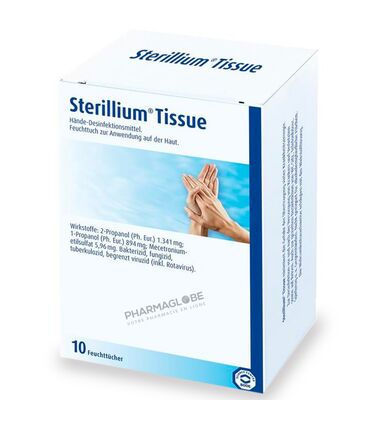 STERILLIUM-TISSUE-10-COMPRESSES-IMPREGNEES-lingettes-desinfection-mains-pharmaglobe.lu