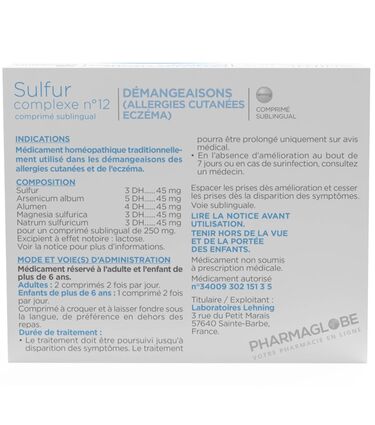 SULFUR-Complexe-12-LHL-60-Comprimes-Lehning-demangeaisons-allergies-cutanees-eczema-verso-pharmaglobe.lu