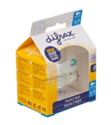 DIFRAX-SUCETTE-NATURAL-NUIT-0-6 MOIS-GLOW-IN-DARK-pharmaglobe.lu