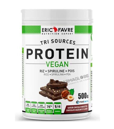 Protein-Vegan-Protéines-Végétales-Tri-Source-Chocolat-Noisette-Pot-500-g-Eric-Favre-Riz-Spiruline-Pois-nutrition-sport-pharmaglobe.lu