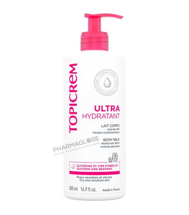 Topicrem-Lait-Corps-Ultra-Hydratant-Flacon-Pompe-500-ml-Peaux-Sèches-dès-la-Naissance-pharmaglobe.lu
