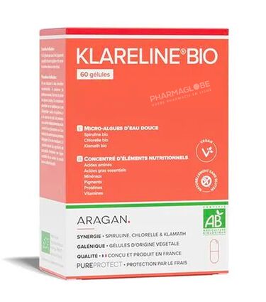 Klareline-BIO-60-Gélules-Aragan-Spiruline-Chlorelle-et-Klamath-pharmaglobe.lu