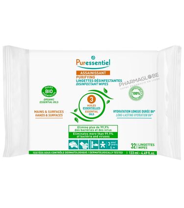 Puressentiel-Assainissant-32-Lingettes-Désinfectantes-12x20cm-Mains-et-Surfaces-pharmaglobe.lu