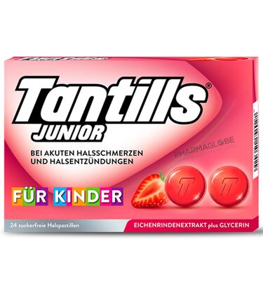 TANTILLS-JUNIOR-24-PASTILLES-GOUT-FRAISE-maux-gorge-enfants-pharmaglobe.lu