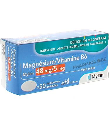 MAGNE-B6-MYLAN-48MG-5MG-50-Comprimes-deficit-magnesium-nervosite-anxiete-fatigue-pharmaglobe.lu