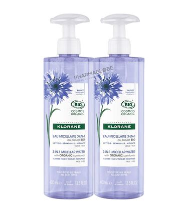 KLORANE-EAU-MICELLAIRE-BLEUET-2X400ML-2-EME-50-pour-cent-lot-promo-duo-bio-nettoyer-demaquiller-hydrater-visage-et-yeux-pharmaglobe.lu