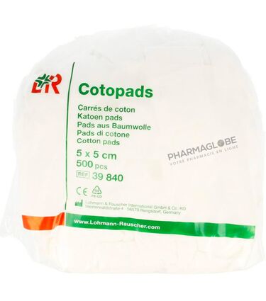Cotopads-5-5cm-A-500-Pieces-Carrés-de-Coton-lohmann-rauscher-pharmaglobe.lu