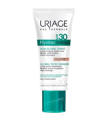 URIAGE-HYSEAC-3REGul-GLOBal-TEINTe-SPF30-40ML-limite-boutons-ponts-noirs-matifie-unifie-teint-peaux-grasses-imperfections-pharmaglobe
