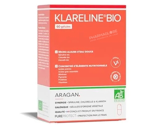 Klareline-BIO-60-Gélules-Aragan-Spiruline-Chlorelle-et-Klamath-pharmaglobe.lu