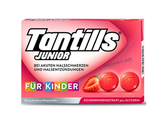 TANTILLS-JUNIOR-24-PASTILLES-GOUT-FRAISE-maux-gorge-enfants-pharmaglobe.lu