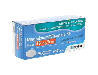 MAGNE-B6-MYLAN-48MG-5MG-50-Comprimes-deficit-magnesium-nervosite-anxiete-fatigue-pharmaglobe.lu