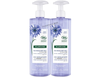 KLORANE-EAU-MICELLAIRE-BLEUET-2X400ML-2-EME-50-pour-cent-lot-promo-duo-bio-nettoyer-demaquiller-hydrater-visage-et-yeux-pharmaglobe.lu